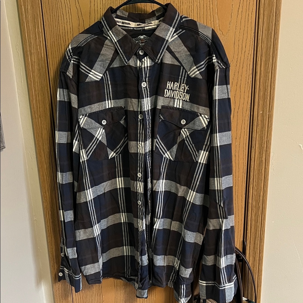 Harley-Davidson Navy and White Plaid Long Sleeve